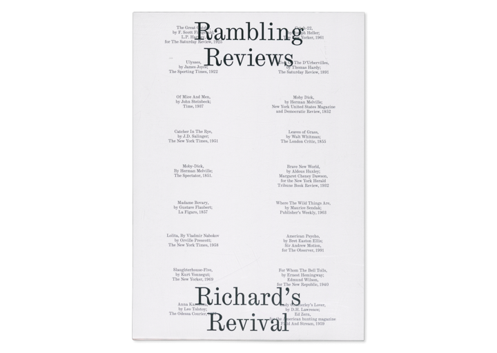 Cover of the specimen book Rambling Reviews and Richard Revivial for the Ricarh Brevier typeface designed by Orlando Brunner